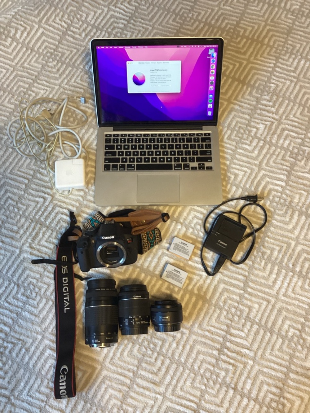Apple MacBook Pro Silver Laptop 2014 and Canon Rebel t5i camera with lenses